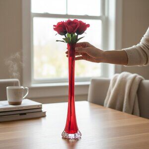 Striking Red Art Glass 15-Inch Asymmetrical Glass Vase with Eiffel Tower Design